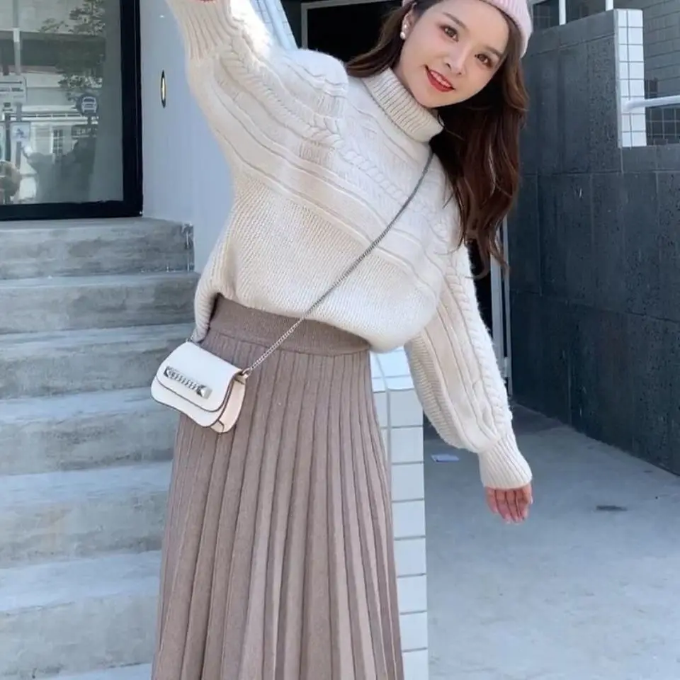 Elegant Fashion Solid Color Knit Pleated Skirt Autumn Winter A-Line Trend All-match Elastic High Waist Skirts Women\'s Clothing