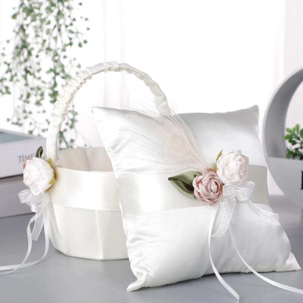 

Набор: подушка для обручальных колец и корзина для цветов, премиум-класс, из сатина, декоративная, для свадебных церемоний