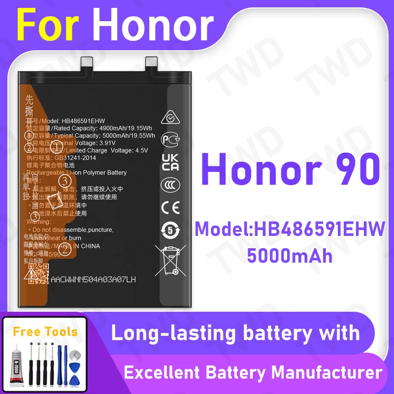 

100% New 5000mAh HB486591EHW Battery For Honor 90 Replacement Bateria+Free Tools