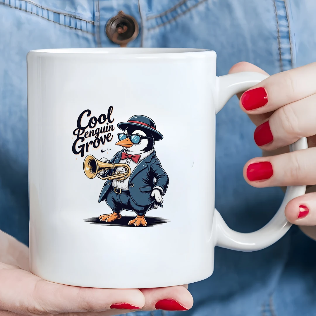 11온스 펭귄 만화 머그컵 + 스타일리시 재즈 컵 - 크리스마스 어린이 사무실 선물 컵