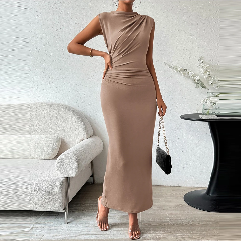 

Crew neck Simple Ankle Length Evening Dress Straight Jersey Bespoke Occasion Gowns Pleats Sleeveless Back Slit Custom Size