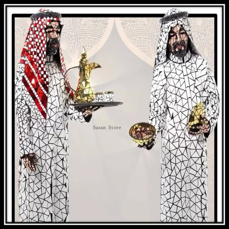 Handmade Mirror Men Costume Silver Headdress Wine Pot Tea Cup Customes Toasting Clothing Stage Performance Gold Suit