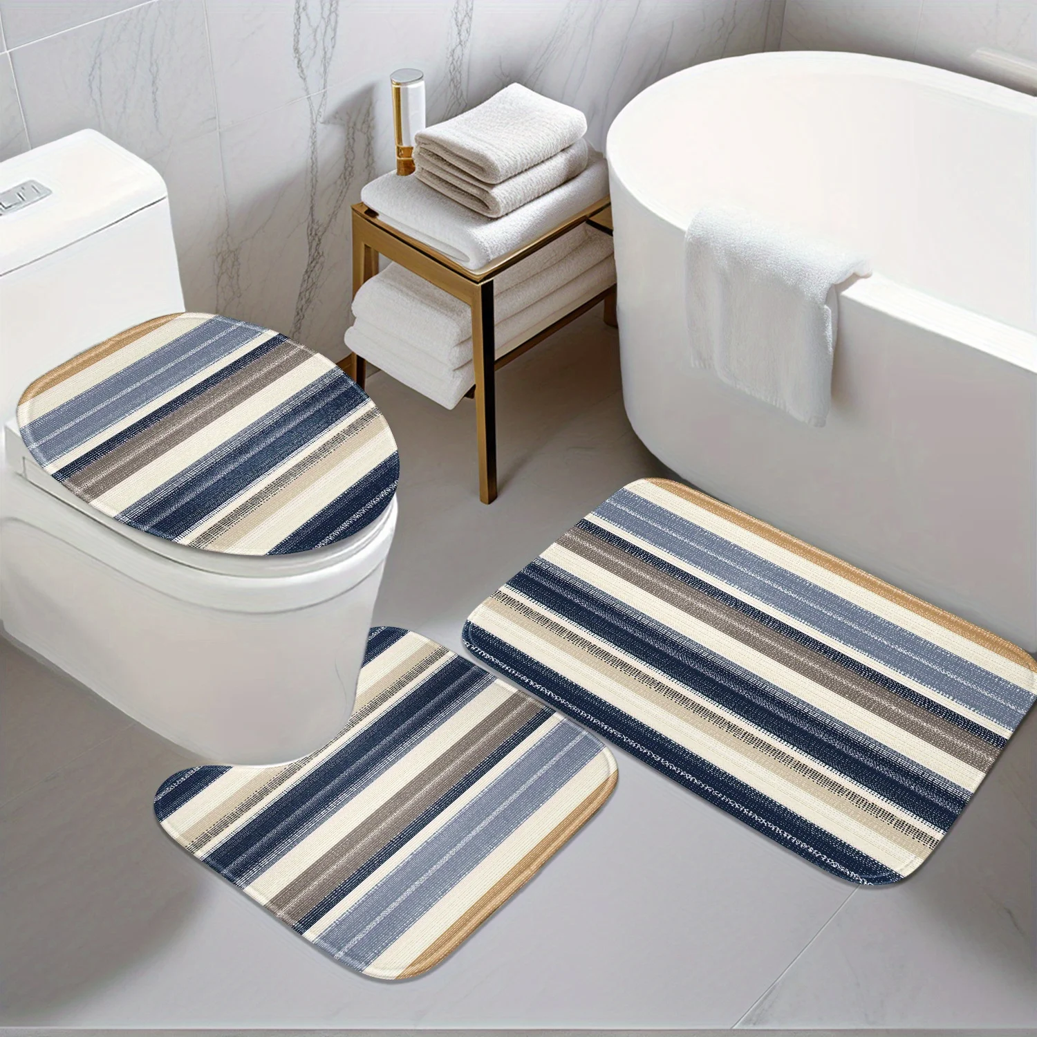 

Bathroom Anti-Slip Mat Set - 3pcs, Multi-Color Striped 2D Flat Design with Digital Print - Includes Non-Slip Mat, U-Shaped Mat &