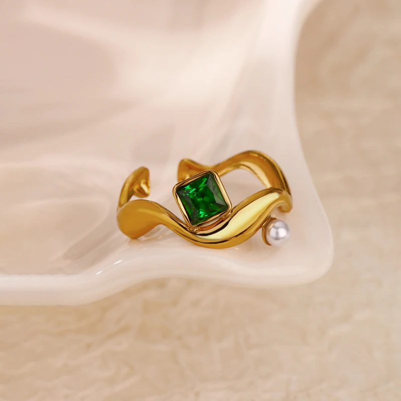 Green Zircon Irregular Line Rings for Women Imitation Pearl Open Stainless Steel Ring Aesthetic Jewelry Finger Accessory Gifts