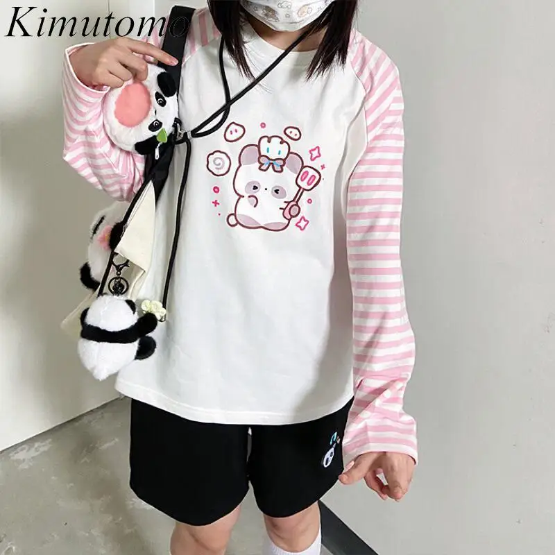 

Kimutomo Women T Shirts Sweet Cartoon Printed Striped Long Sleeve Loose Jk Style Sweet Y2k Aesthetic Harajuku Tops Autumn Female