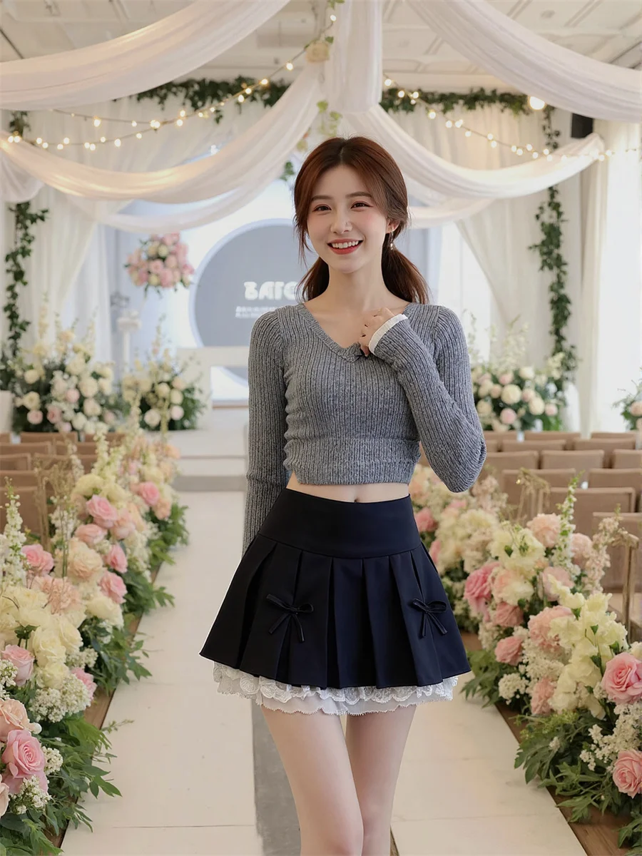 

Лоскутные мини-кружевные юбки Y2K Женская одежда Осенняя вязаная А-образная повседневная минимализм для взрослых в рубчик Эластичная эластичная мягкая уютная одежда