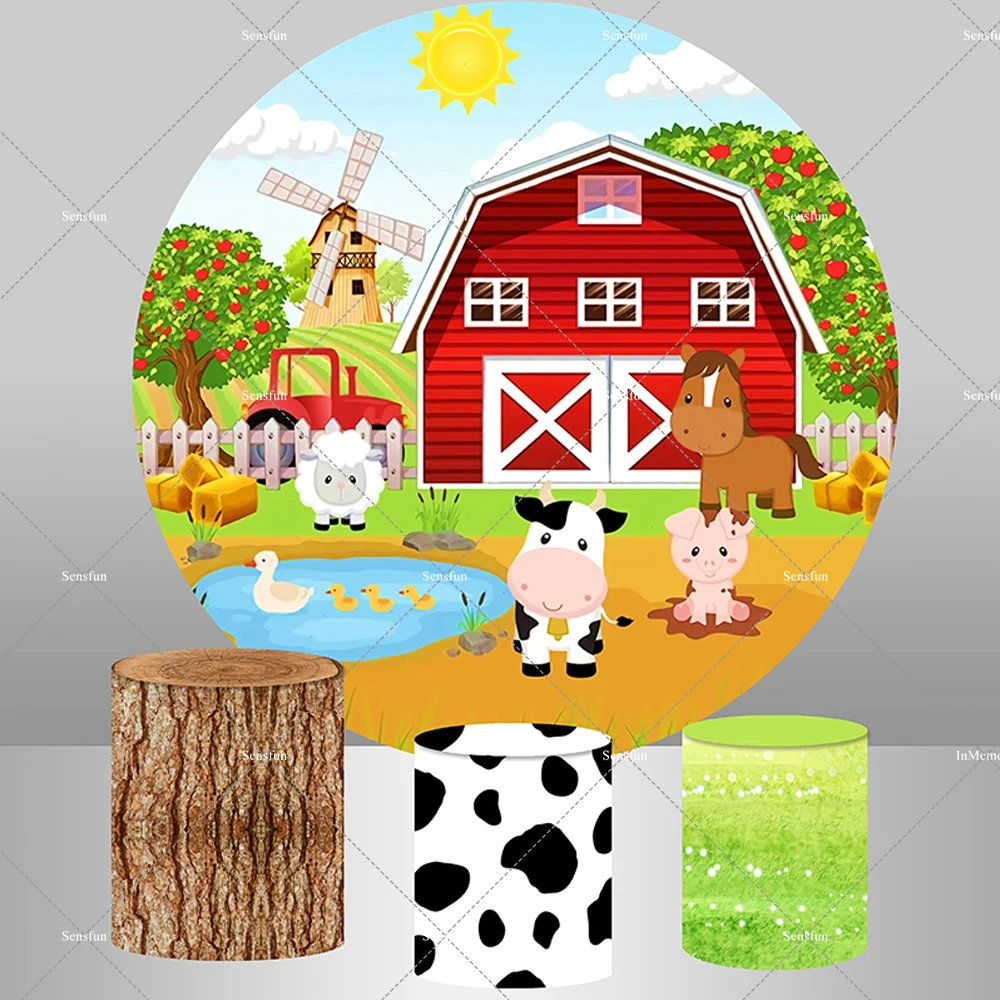 Cartoon Animals Farm Theme Round Backdrop Cover Blue Pink Red Barn Kids 1st Birthday Party Circle Backgrounds Plinth Covers