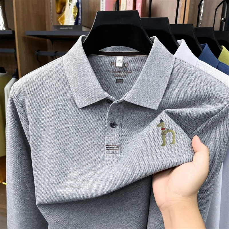 Luxus-Marken-Poloshirt für Herren aus 100% Weicher Baumwolle, Herbst-Neuheit, Einfarbig Bedruckt, Langarm, Revers-T-Shirt, Lässige Business-Herrenbekleidung – Detail 3