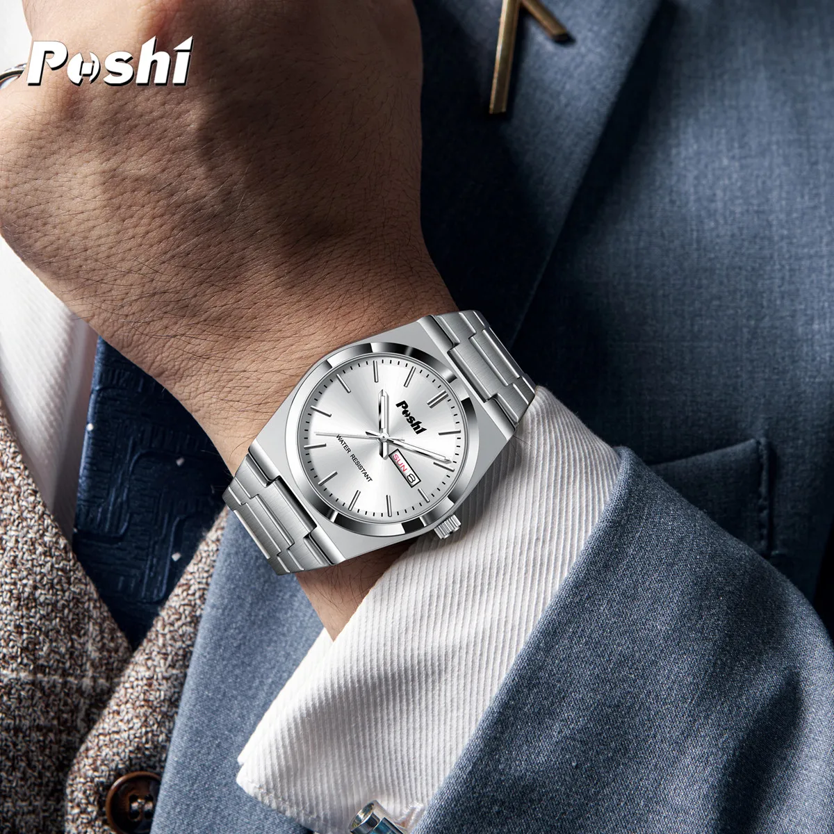 POSHI 979 Luxury Quartz Watch for Man Fashion Business Stainless Steel Wristwatch Men\'s Clock Date Week Dilsplay Watch Box