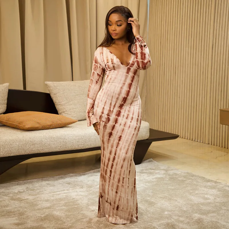 

2026 Summer Casual Homewear Tie Dye Print Dress Women Deep V Neck Long Sleeve Bodycon Maxi Dresses Streetwear