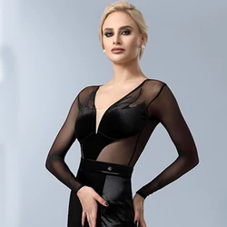 Women Ballroom Dance Competition Top Sexy Mesh Sleeves Velvet Latin Dance Tops Adults Modern Dance Top Training Wear SL9373