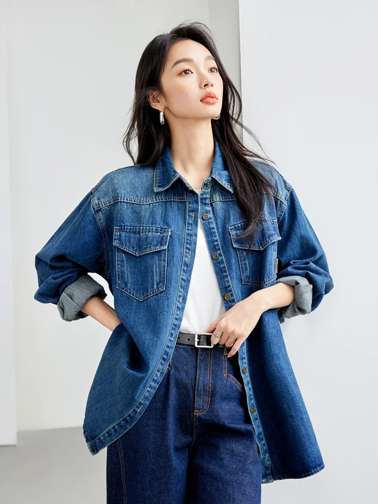 Retro Blue Shirt Denim Shirt for Women Autumn 2024 New Niche Design Shirts Long Sleeved Solid Single Breasted Jean Jacket