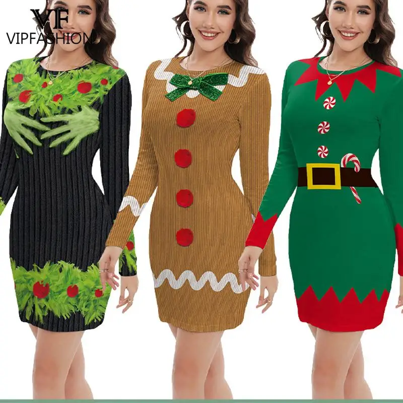 

VIP FASHION Merry Christmas Gingerbread Man Dresses for Woman Fancy Green Hands Xmas Party Dress Long Sleeve Elf Cosplay Costume