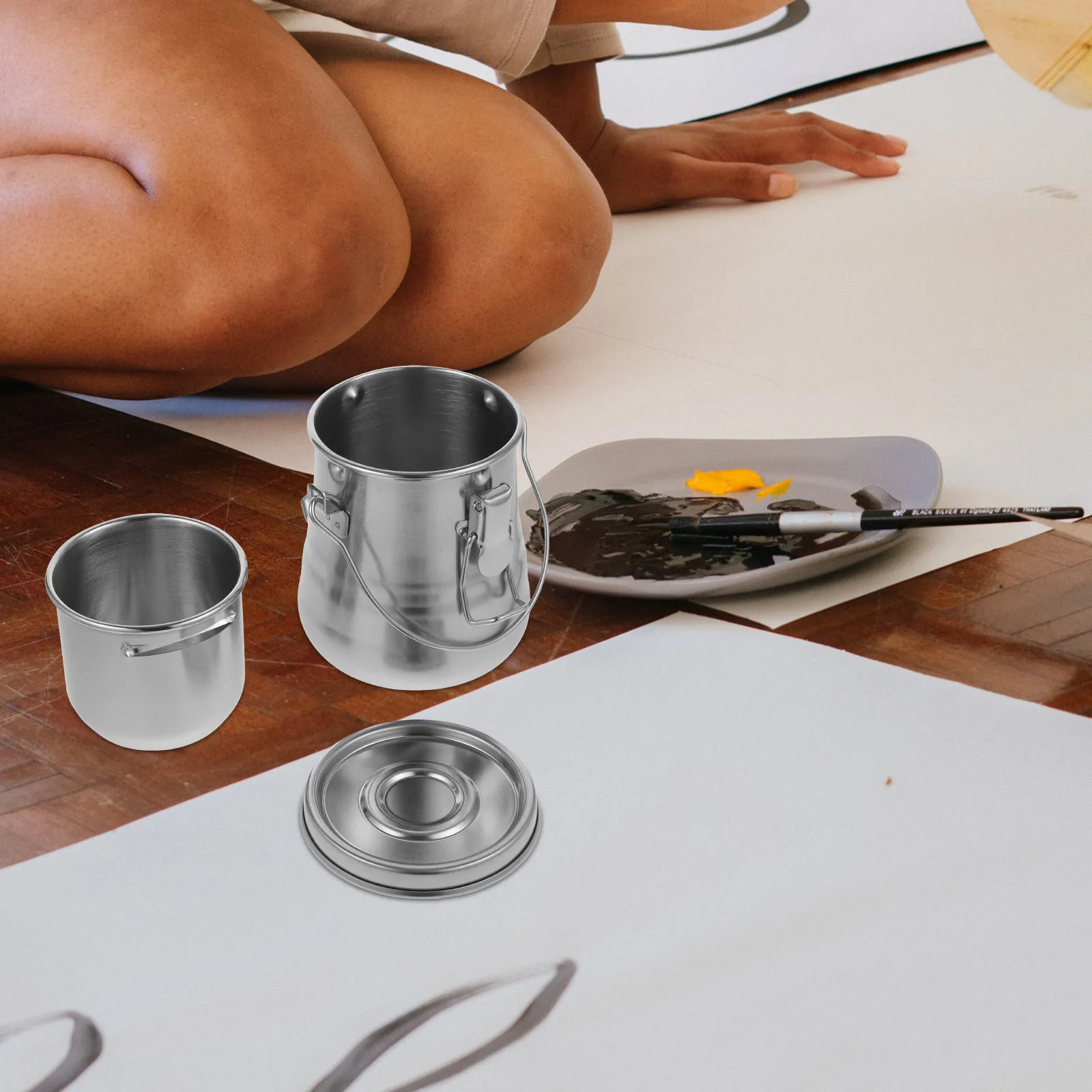 Painting Brush Washing Bucket Double-Layer Stainless Steel Portable Cover Art Tool Holder for Outdoor Sketch Travel Watercolor