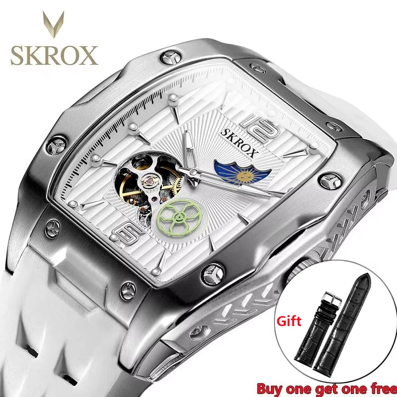

SKROX Роскошные Tonneau Moon Phase Tourbillon с автоматическим механизмом, механические мужские часы высокого качества, водонепроницаемые силиконовые часы в стиле милитари