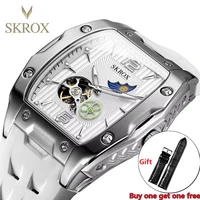 SKROX lujo Tonneau fase lunar Tourbillon movimiento automático mecánico de alta calidad relojes para hombres impermeable silicona militar