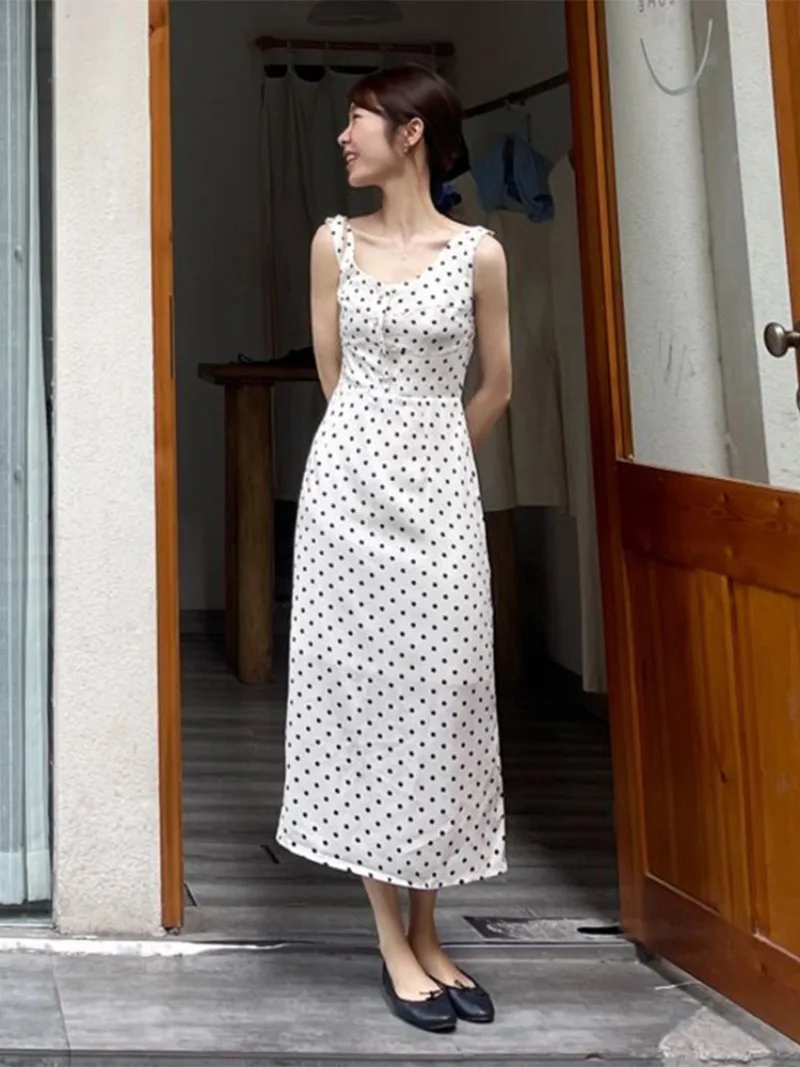 

Flycoozooi White Polka Dot Strap Dress 2024 Women's Summer New Square Neckline Slimming Sleeveless Dresses Female Clothing