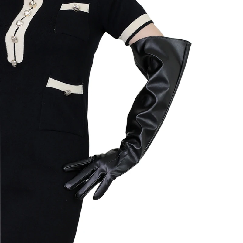 

50cm Leather Gloves Female Big Sleeve Faux Sheepskin PU Women Gloves Wide Cuffs Black Performance photography Cosplay