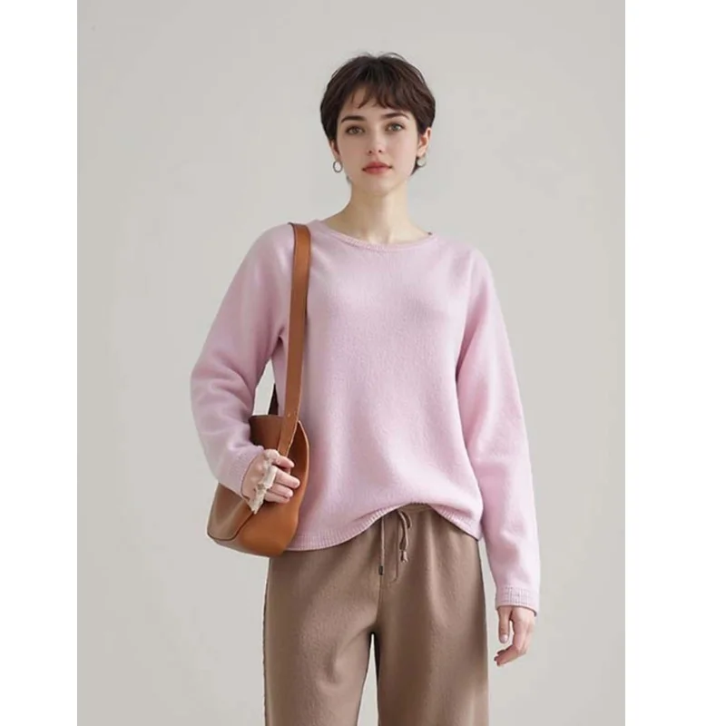 

Women 100% Pure Wool Sweater Autumn Round Neck Loose Long Sleeve Pullover Knitted Sweaters Top