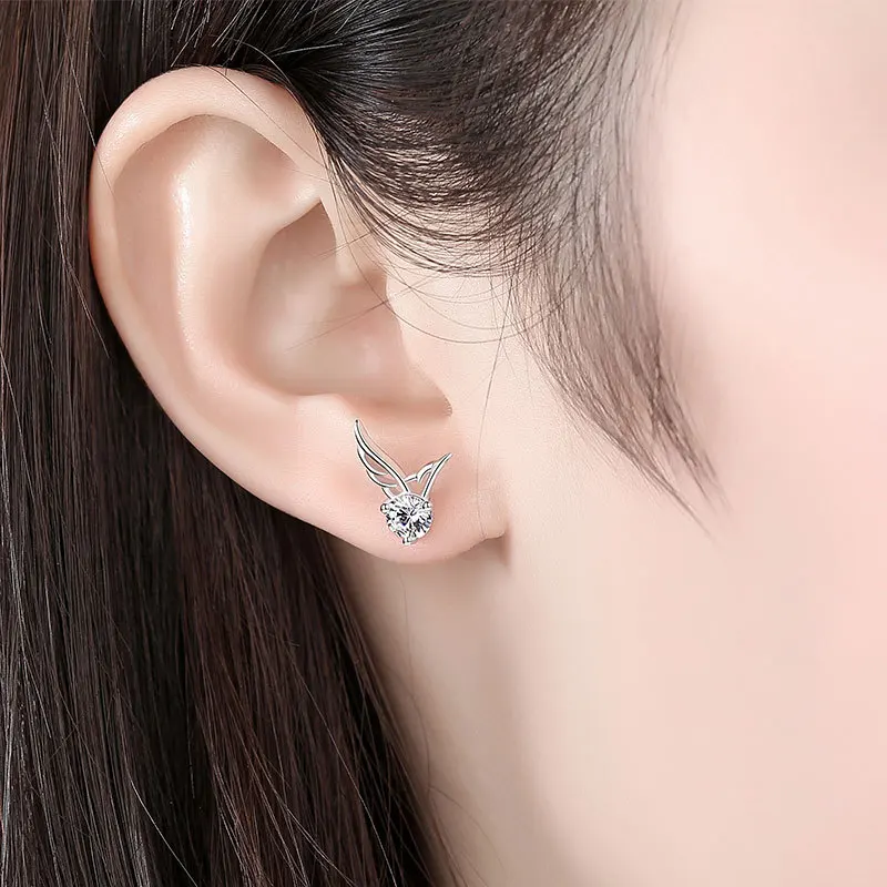 Solid 925 Sterling Silver New High Quality Jewelry Crystal Angel Wings Stud Earrings For Women XY0223