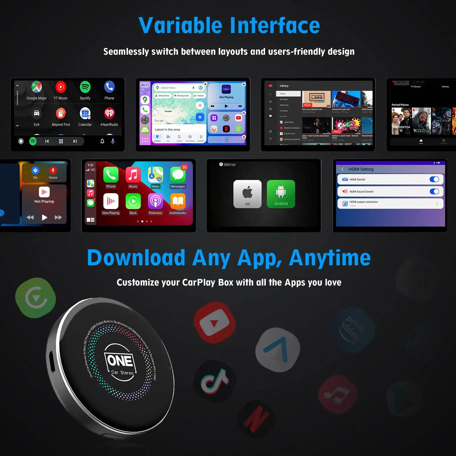 OneCarStereo Wireless CarPlay AI Box HE PRO Android Auto GPS Built 