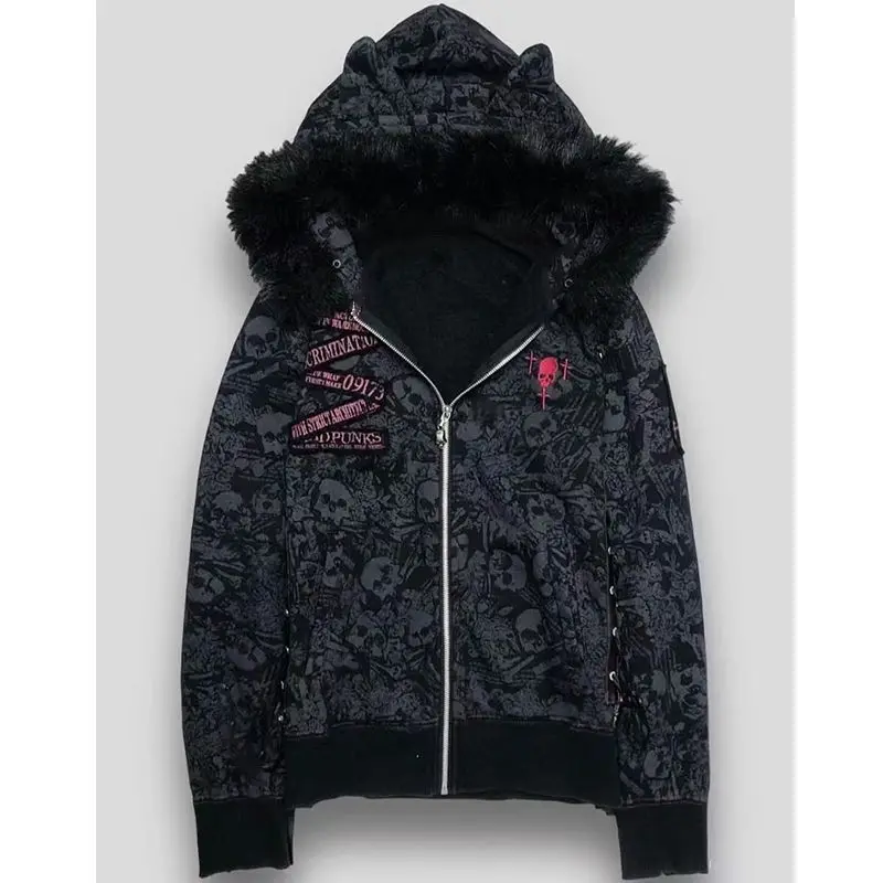 

Женские зимние осенние топы и куртки на молнии с капюшоном, меховым воротником и кошачьими ушками, в стиле миллениал-субкультуры, с принтом черепа, уникальные, шикарные, модные, минималистичные