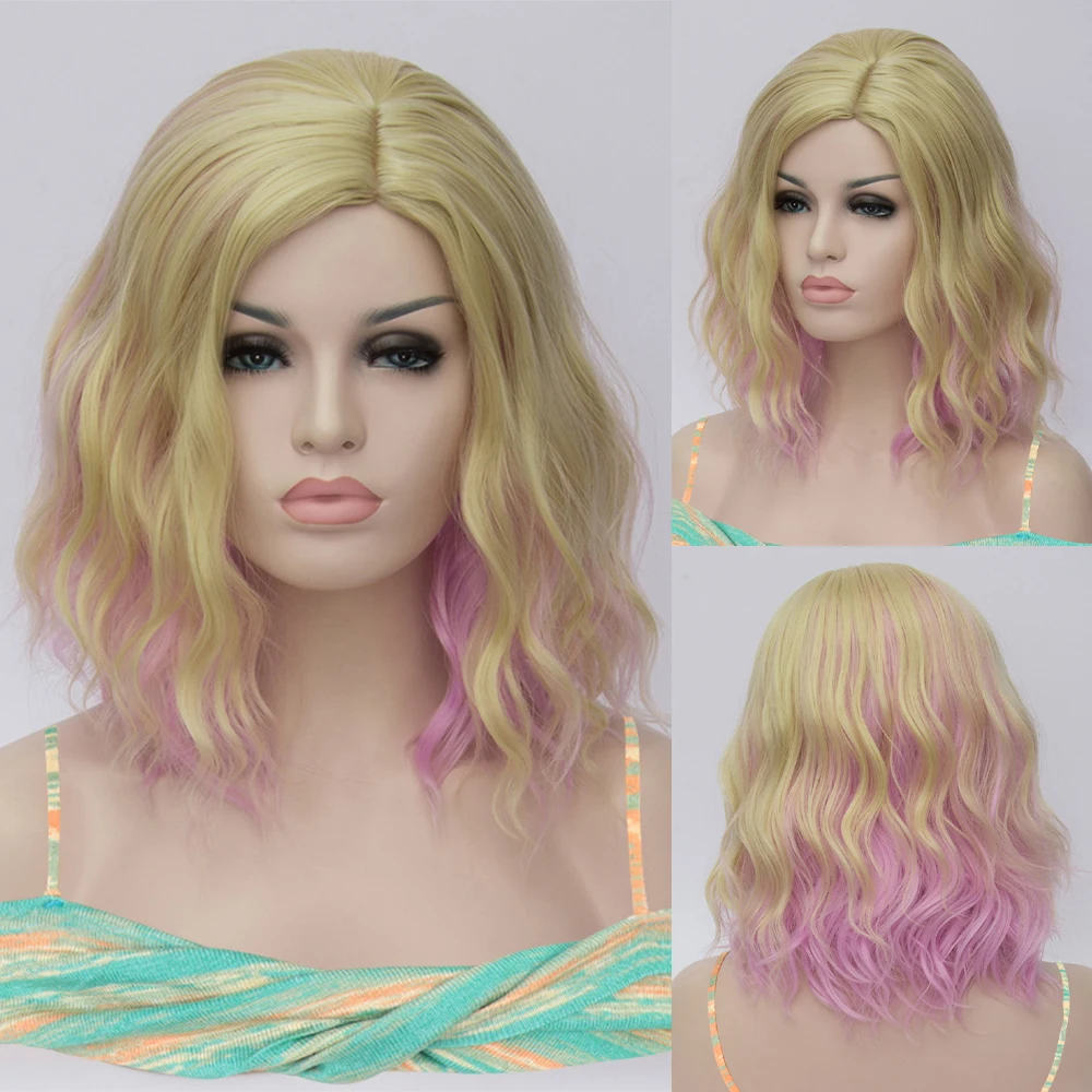 MSIWIGS Woman Purple 22 colors Cosplay Wig Short Wavy Synthetic Heat Resistant Hair Pink Blonde Ombre Cos Wig