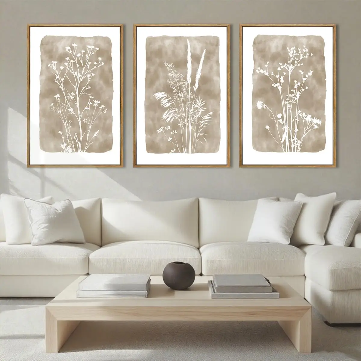 Set of 3 Framed Beige Brown Botanical Wildflower Canvas Wall Art Prints 24 X 36 Inch, Rustic Farmhouse Boho Vintage Plant Floral Wall Decor for Living Room Bedroom Office Indoor Home Display