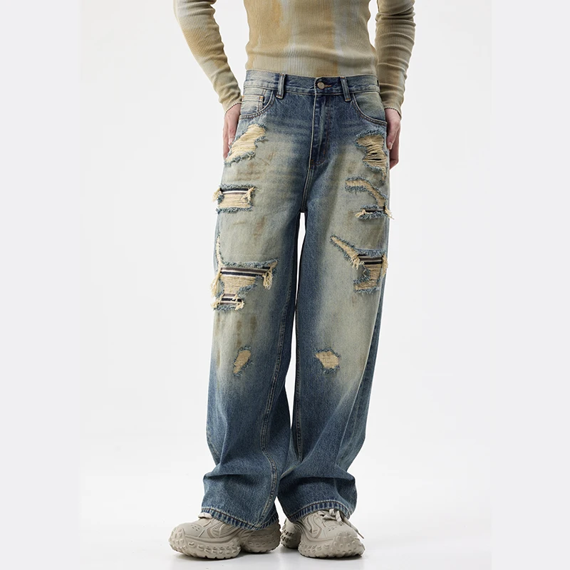 American autunno e inverno nuovi jeans da uomo patch foro personalizzato patch sciolto grande dritto lavato tendenza pantaloni sporchi pantaloni da