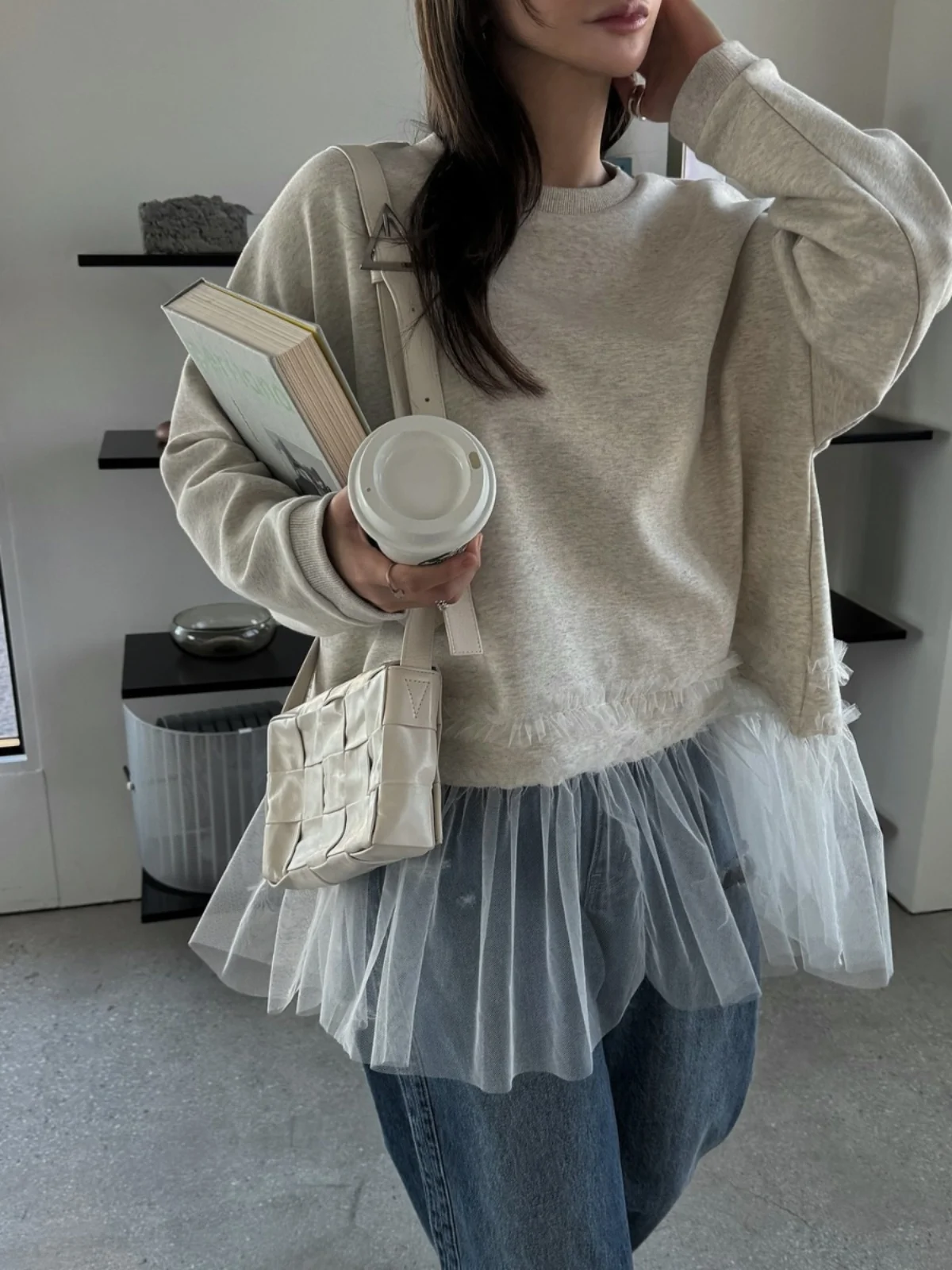 Primavera em torno do pescoço emenda malha mole f solto moda versátil jovem topo estilo coreano manga longa cor sólida