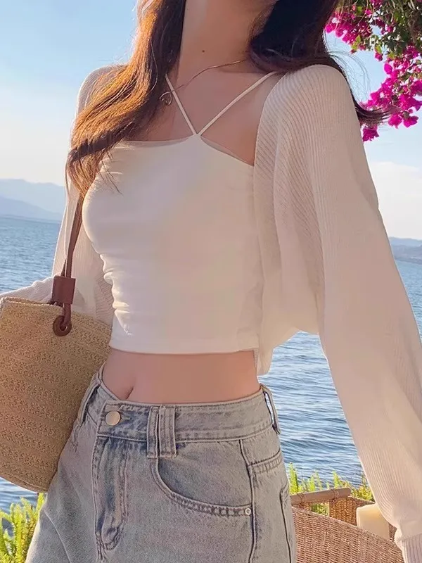 

Защита от солнца, тонкий женский открытый кардиган из ледяного шелка, летний модный корейский дизайн на пуговицах, облегающий кружевной топ