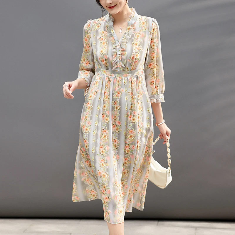 New Vintage Dresses For Women Summer Elegant V-neck Three Quarter Sleeve Woman Floral Print Dress 100% Real Silk Long Dress