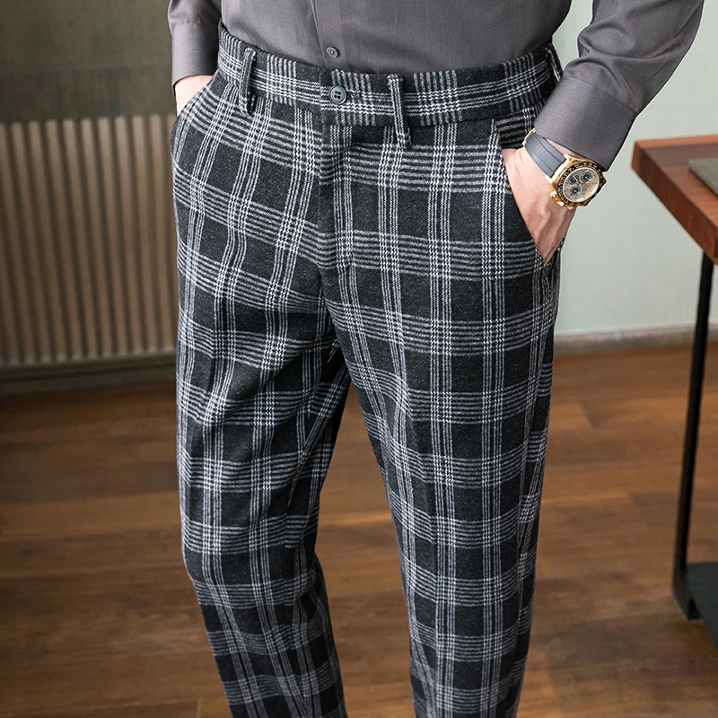 

Vintage Plaid Business Dress Pants Men Autumn Winter Woolen Casual Pants Streetwear Office Social Trousers Pantalon Homme 2022