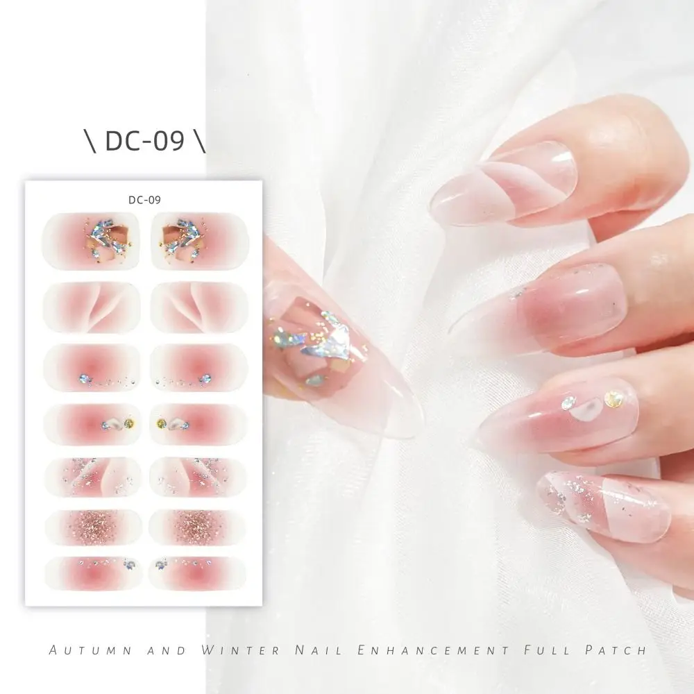 14 Strips Semi Cured Gel Nail Stickers Floristic Full Cover Nail Patch French Nail Art Glittering Nail Art Stickers