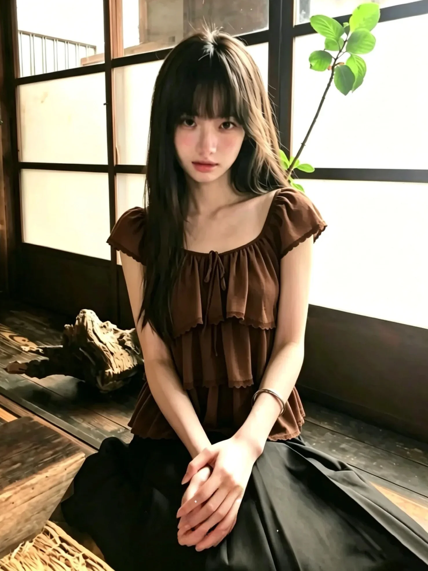 

Retro Large Size Cake Shirt Square Collar Belted Bubble Sleeve Short Waist Cinching Meat Hiding Fat Girls Top Wooden