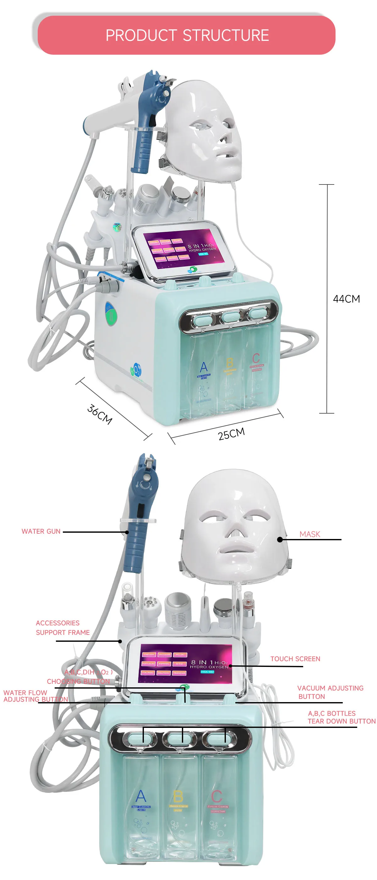 Multifunctional 8 In 1 H2O2 Hydra Microdermabrasion Oxygen Skin Care Facial Deep Cleansing Machine Jet Peel Blackhead Machine