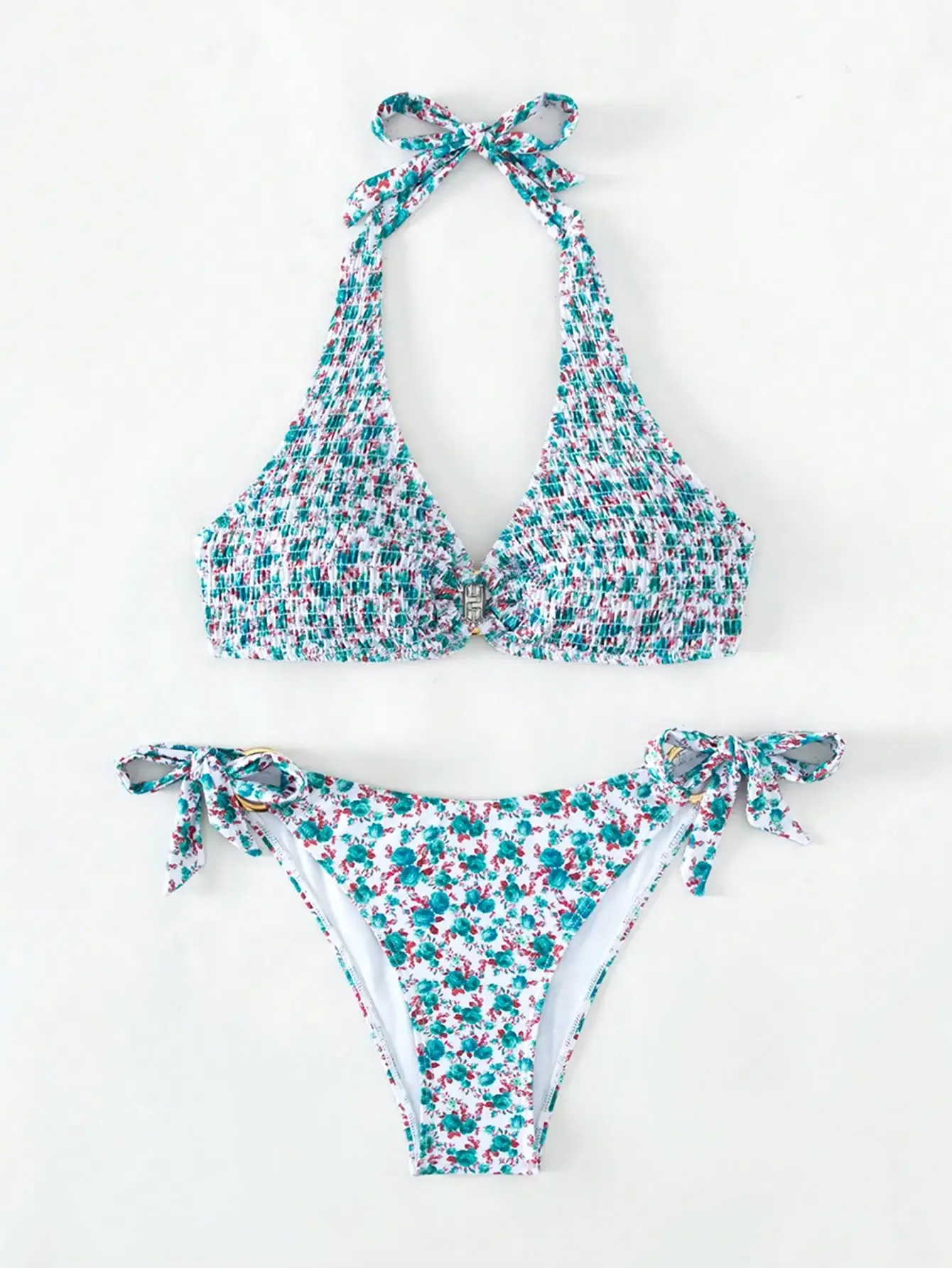 

Бикини с цветочным принтом маленькое и свежее, с разрезом, купальник, летний нишевый дизайн, молодежное и яркое.