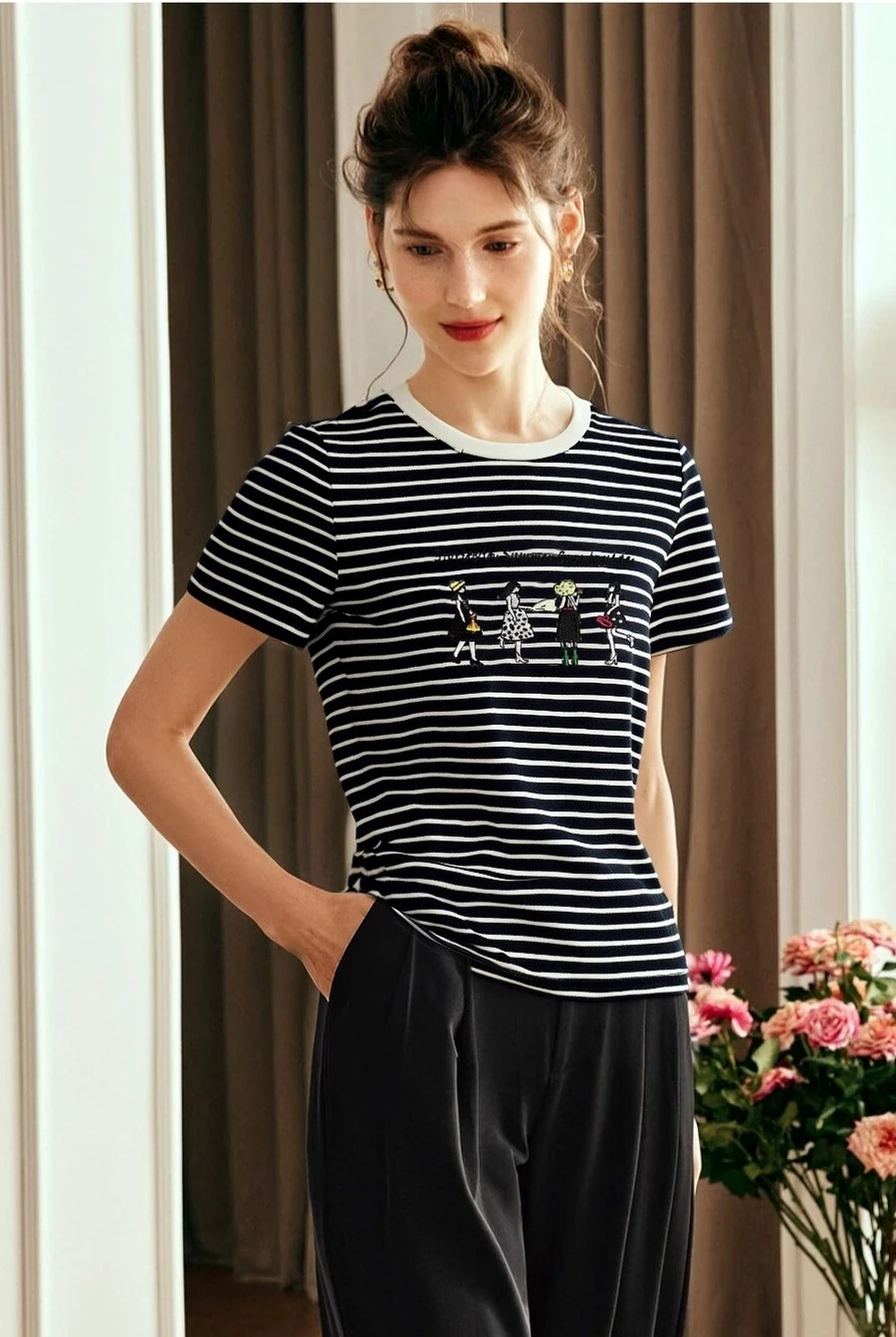 

OLrain Woman 2025 Summer Casual Contrast Color Clothes Crew Neck Striped Embroidered Short Sleeve Top Chemises Femmes O57XT99150