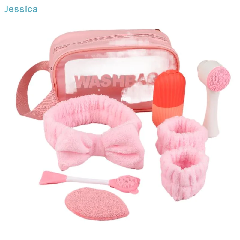 ♥ Kit de aseo para el cuidado de la piel rosa | Juego de bolsas de lavado con diadema, coleteros, cepillo facial y esponja