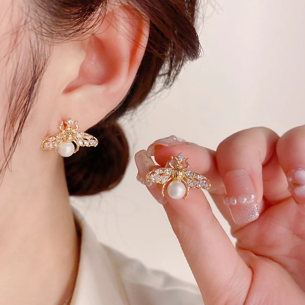 

Pearl Bee Stud Women Small Hoop Jewelry Bright Color Dainty Pearl Decoration Non Fade Allergy Free Long Wearing Time Earrings