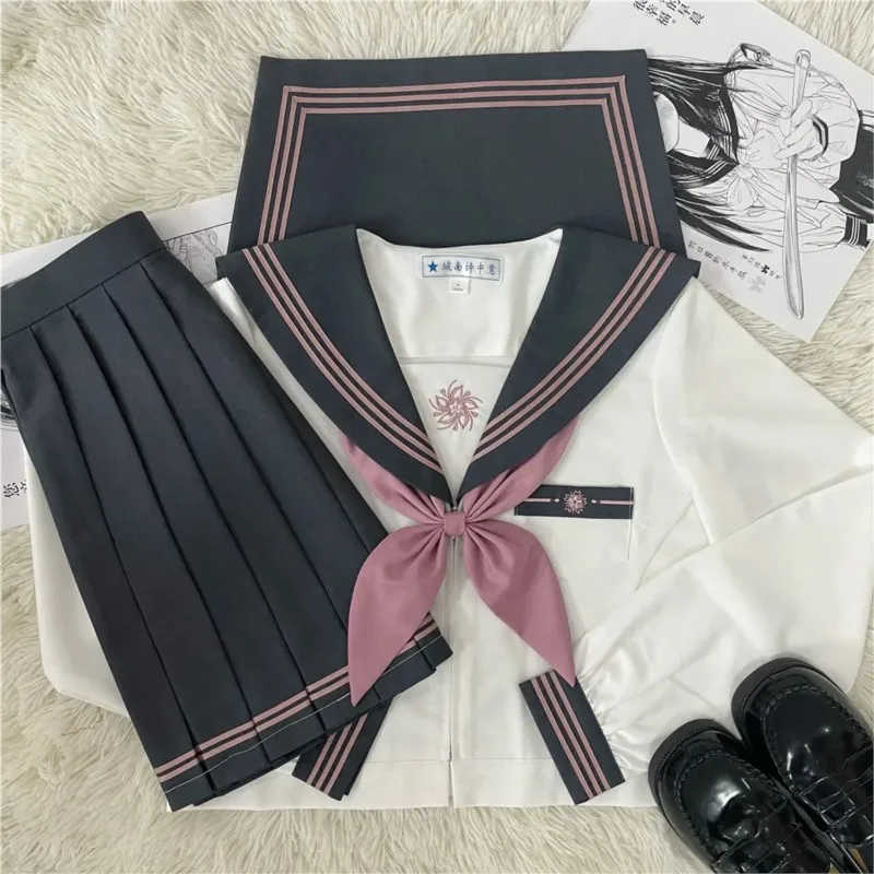 

Gray JK uniform suit Japanese college style sweet long/short sleeved sailor suit pleated skirt Trendy girl School Uniform outfit