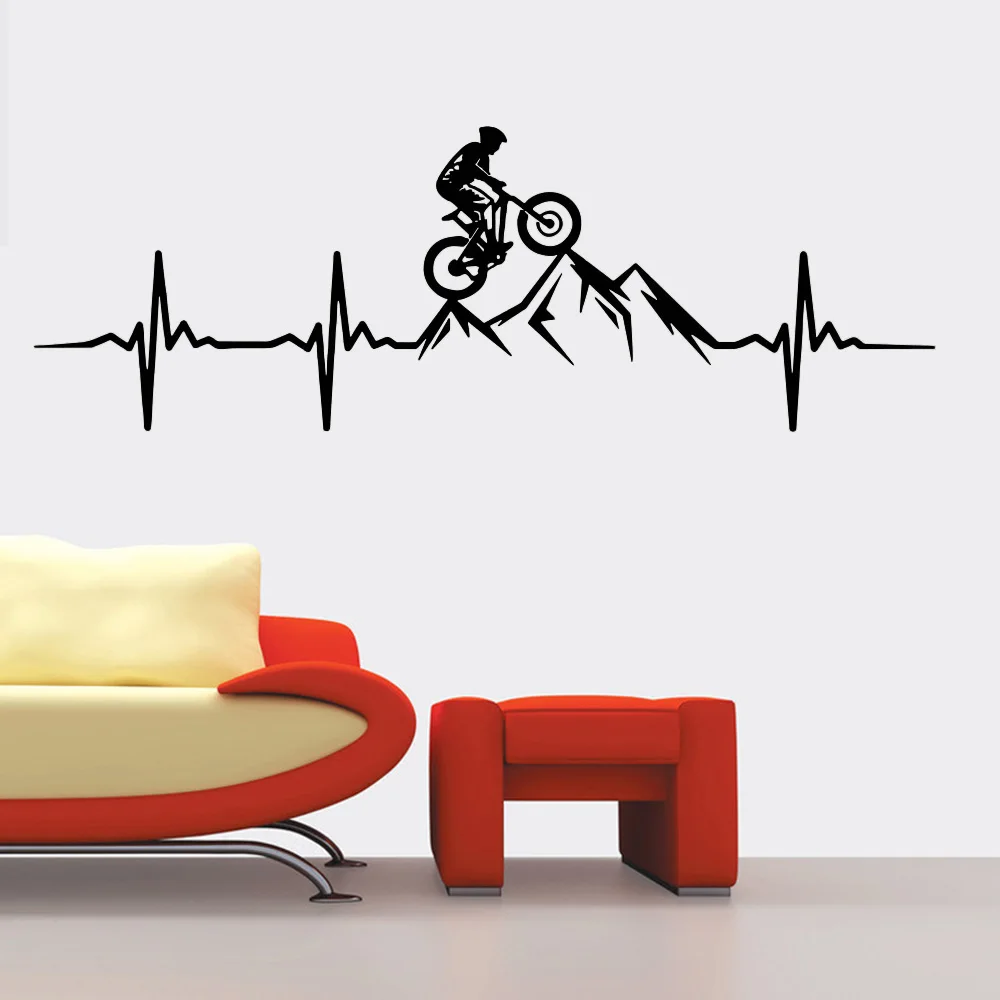 MTB Mountain Bike Heartbeat Wall Decal Living Room Bedroom Man Mountain Biker Downhill Bicycle Wall Sticker Playroom