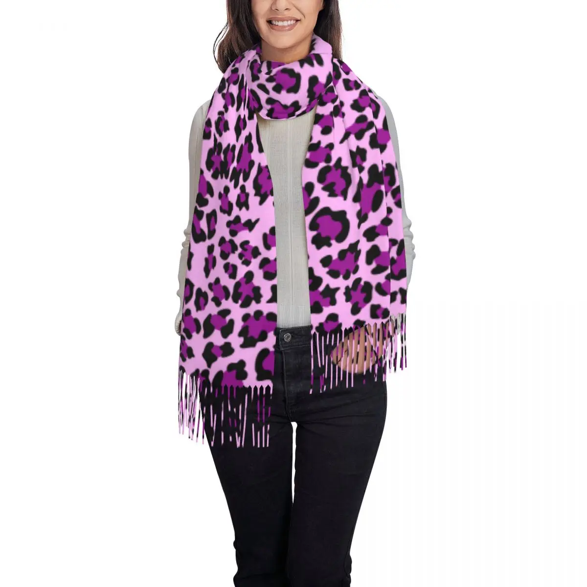 Stylish Cute Purple Leopard Print Tassel Scarf Women Winter Warm Shawls Wraps Lady Animal Seamless Scarves