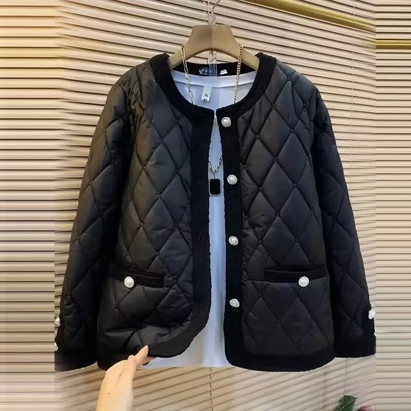 2025 New Autumn Winter Jacket Short Temperament Single Breasted Fashion Splicing Small Fragrant Cotton Coat Outerwear Keep Warm
