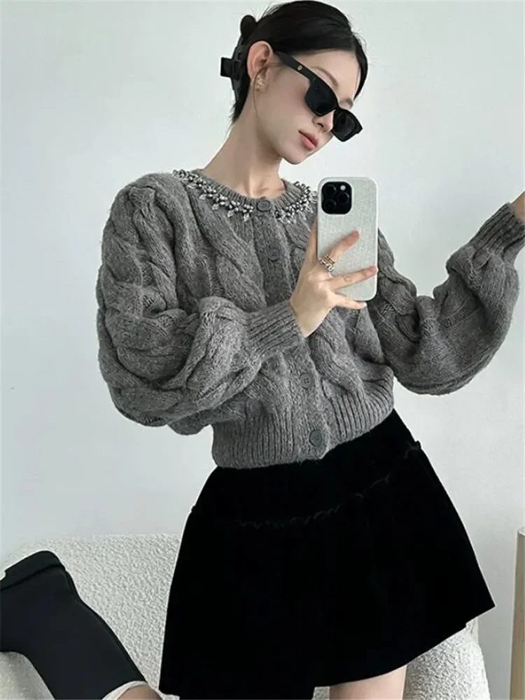 Celebrity Girl Fashion Glitter Rhinestone Grey Sweater Elegant Design O Neck Knit Cardigan New Fall Long Sleeve Short Top Jumper