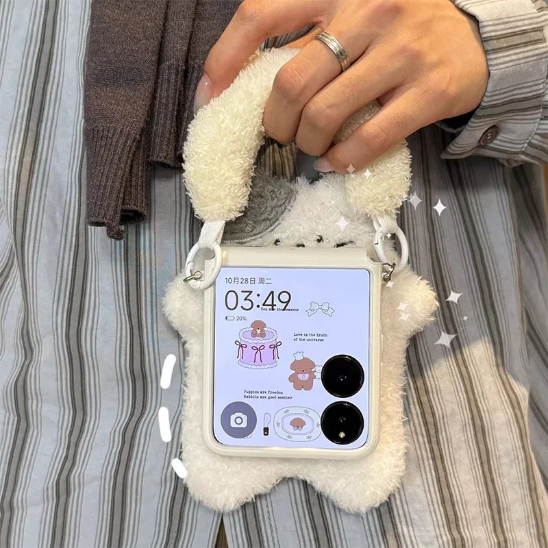 

For Xiaomi MIX Flip case cute white Furry Cat Casing funda for xiaomi mix flip 2 phone case kawai coque leather cover