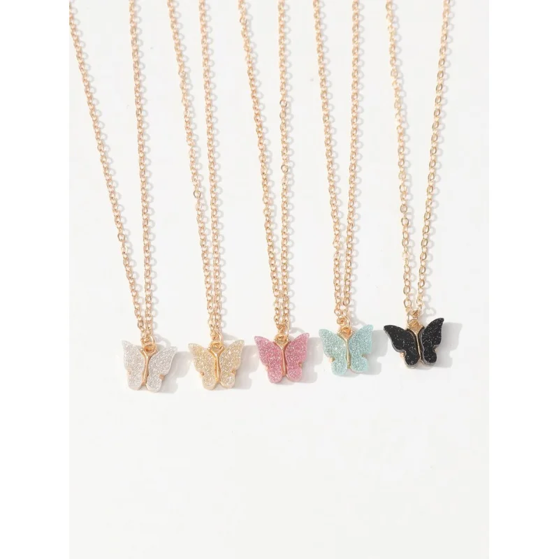 

Набор из 5 модных минималистичных цепочек с милыми блестящими подвесками-бабочками для женщин, универсальный повседневный аксессуар