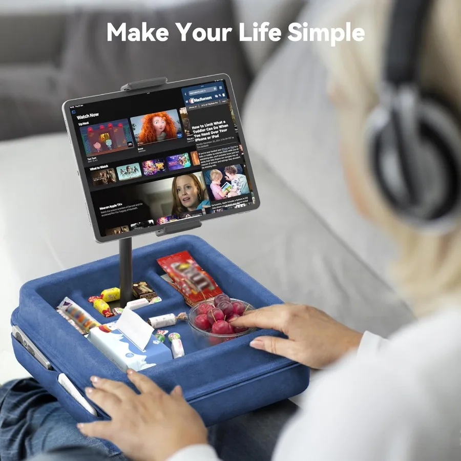 KDDタブレットピローホルダー360度調整可能iPadピロースタンド、膝上、ベッド、デスク用、グースネックタブレットソフトパッドドック、収納トレイ付き