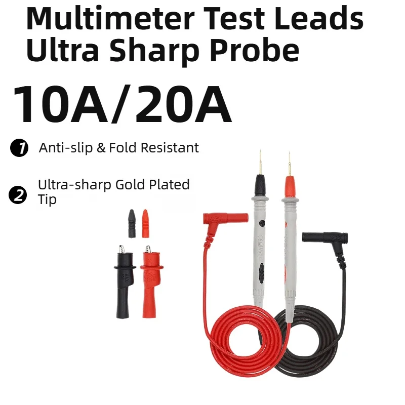 10A 20A Multimeter Test Leads, Ultra Sharp Gold Plated Tip Silicone Wire Probe Cable, Alligator Clips Optional