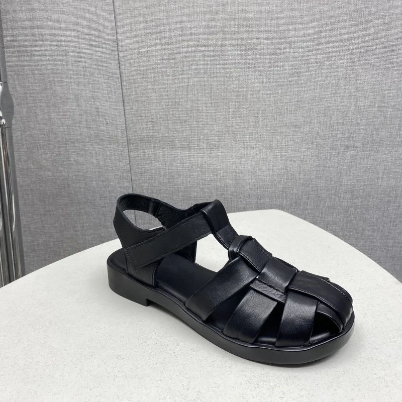 كعب منخفض عادية Roman oes المرأة الصنادل الجلدية شقة بوت رئيس طبقة جلد البقر ماجيك الشريط تو تغطي الصيف وصول جديد #5